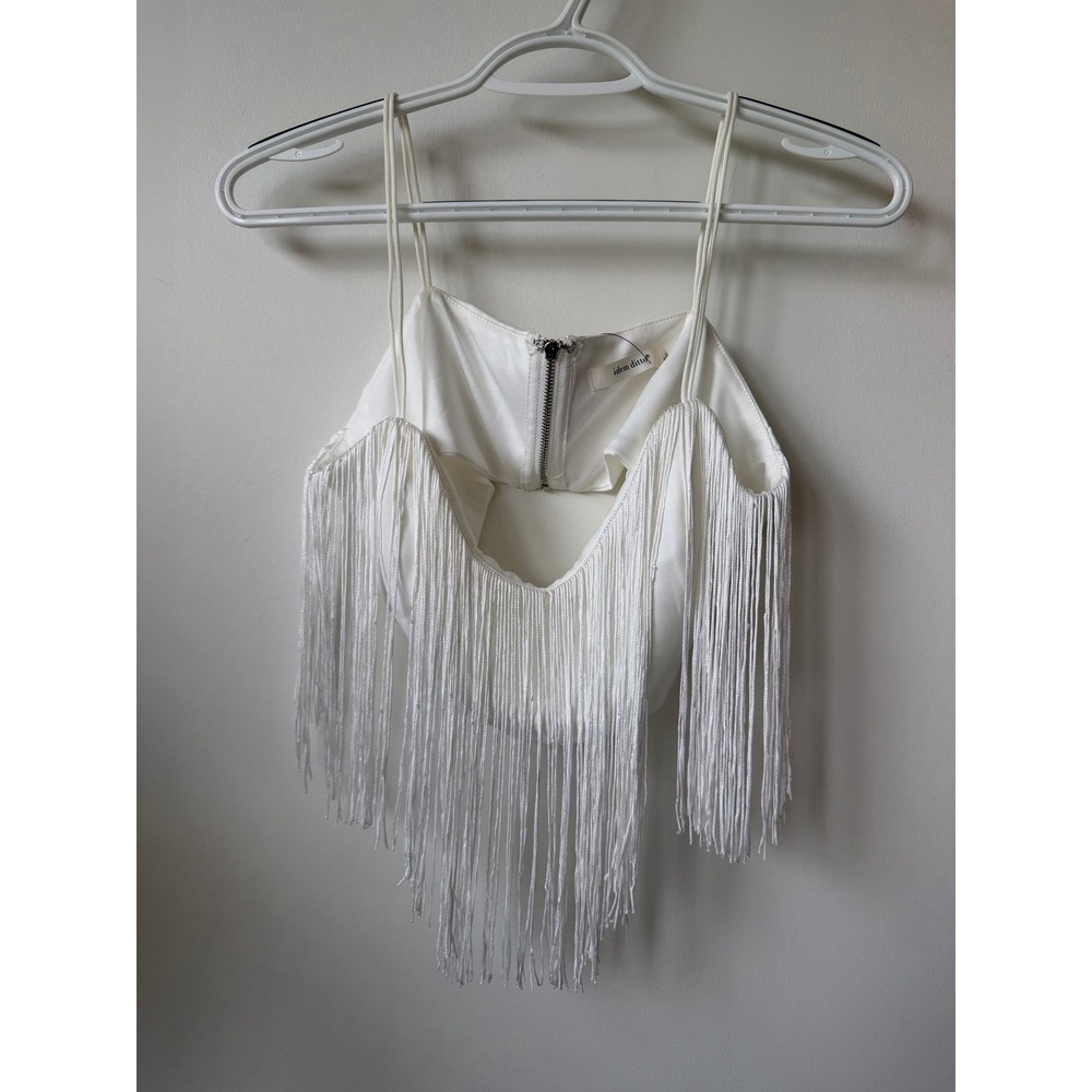 Idem Ditto White Fringe Crop Top Spaghetti Strap Back Zip Cutout Festival Mens M